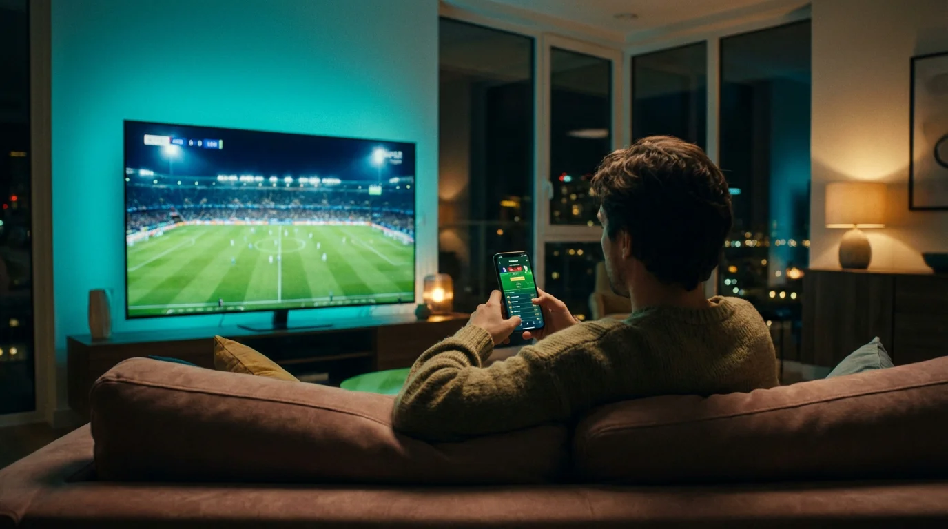 Apostador siguiendo partido de fútbol en directo desde el estadio
