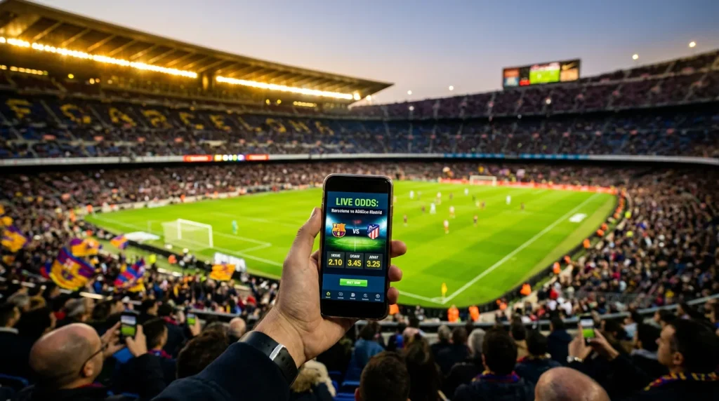 Apuestas en vivo durante partido de fútbol en estadio