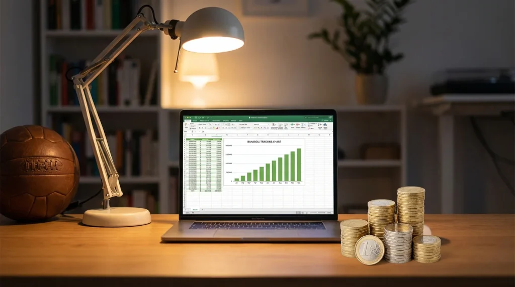 Gestión de bankroll en apuestas deportivas con billetes y balón de fútbol